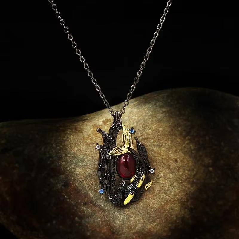 Unique Black Gold Red Zircon Female Pendant Sweater Chain-925 Silver-plated Jewelry