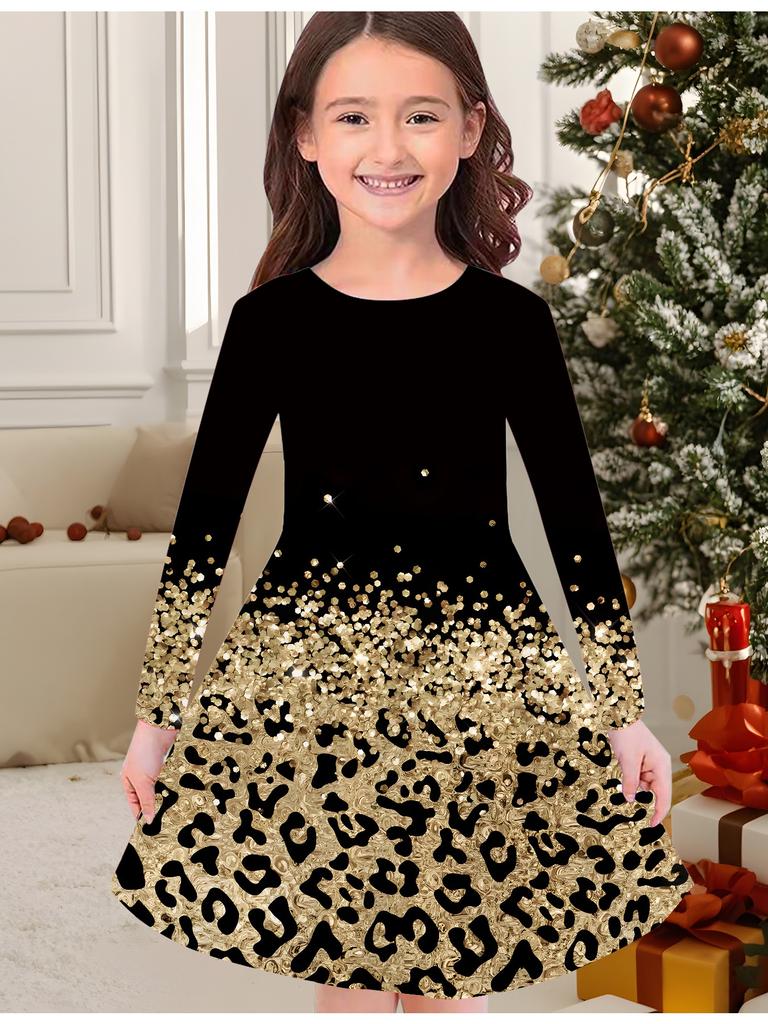 Girls' Autumn and Winter Fashion Dress, 3D Leopard Print Print  Round Neck Long Children's T-shirt Dress, Casual Versatile, Christmas Clothing