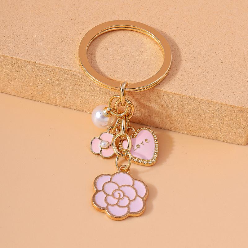 Cute Enamel Pink Love Heart Keychain Rose Flower Key Rings Pendant for Key Holder Women Girls Handbag Pendants DIY Jewelry Gifts