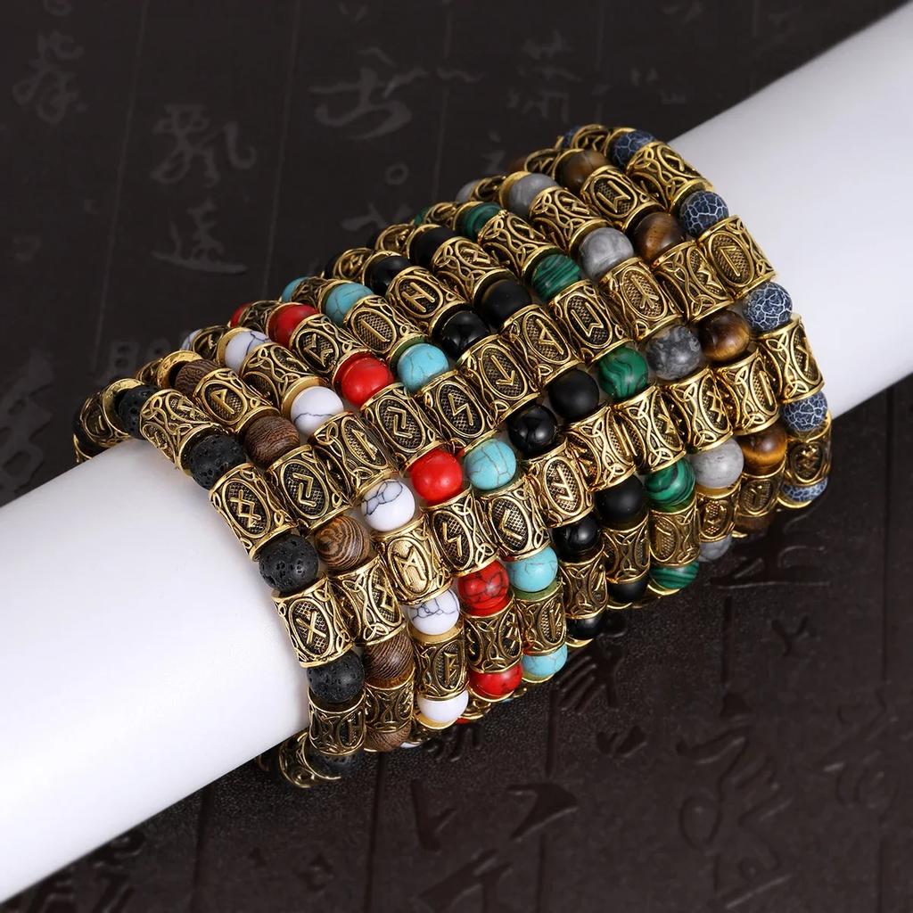 Vikingarunor Malakitarmband 8 mm Naturstenspärlor Rostfritt Stål Guldpläterat Armband för Män Smyckespresent