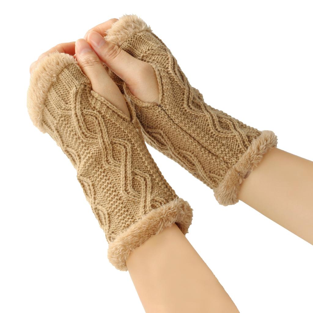 Women's Winter Warm Wool Gloves, Fingerless Diamond Knit Short Gloves