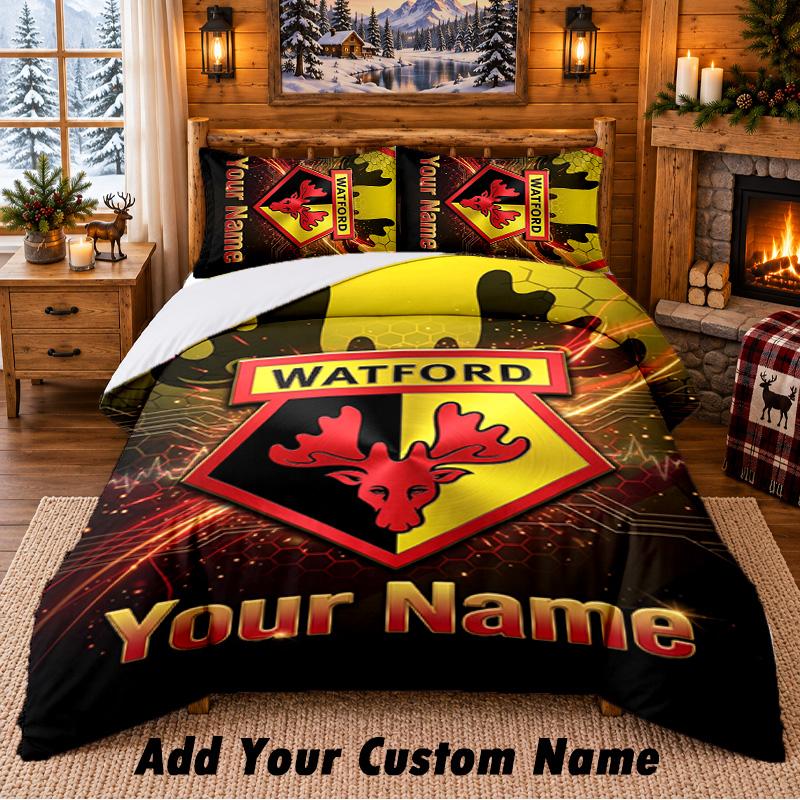 Watford FC Pattern Bedding 3Pcs Set Custom Name, Bed Sheet And Pillowcases For Home Bedroom