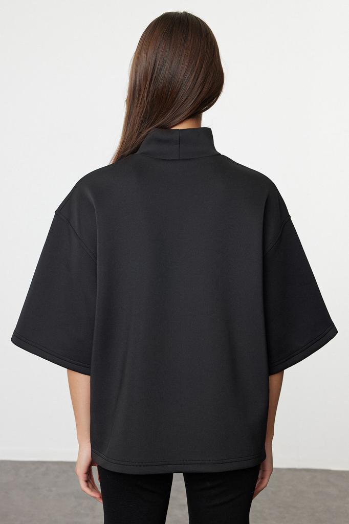 Women's Fashionable Stylish Sweatshirt Black Oversize Wide Fit Stand Collar Three Quarter Sleeve Knitted Sweatshirt