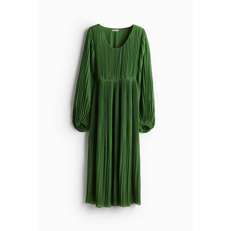 

HM Women s Clothing Dress Autumn Women s Minimalist Pleated Bell Sleeve Chiffon Dress 1236794 Green 155/80