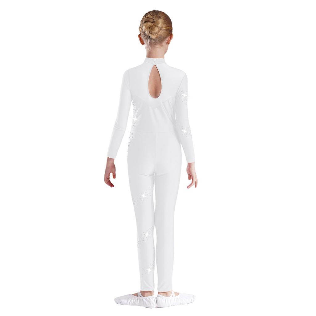 Jenter Glitrende Rhinestone Mesh Gymnastikk Jumpsuit Langermet Gjennomsiktig Lappverk Nøkkelhullrygg Kunstløp Dans Bodysuit