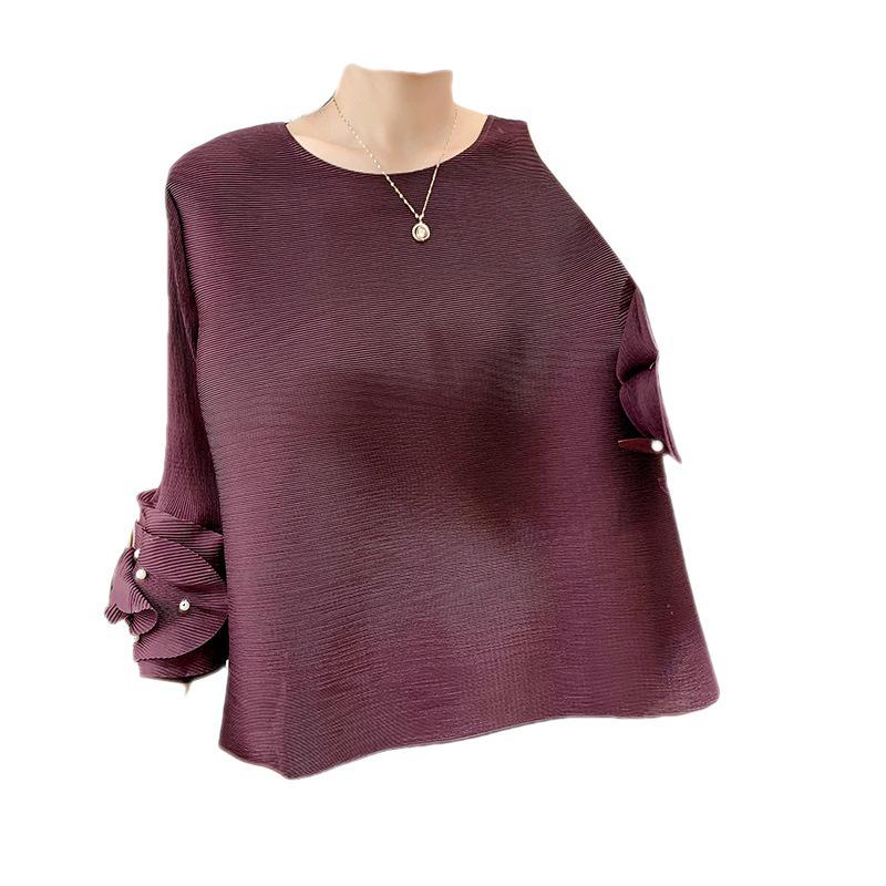 Damen Plissee Oberteil mit ausgestellten Ärmeln und Perlen-Rundhalsausschnitt