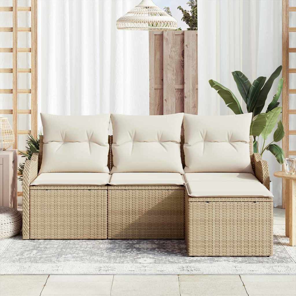 Garden Sofa Set with Cushions and Storage 4 Pcs Beige Poly Rattan