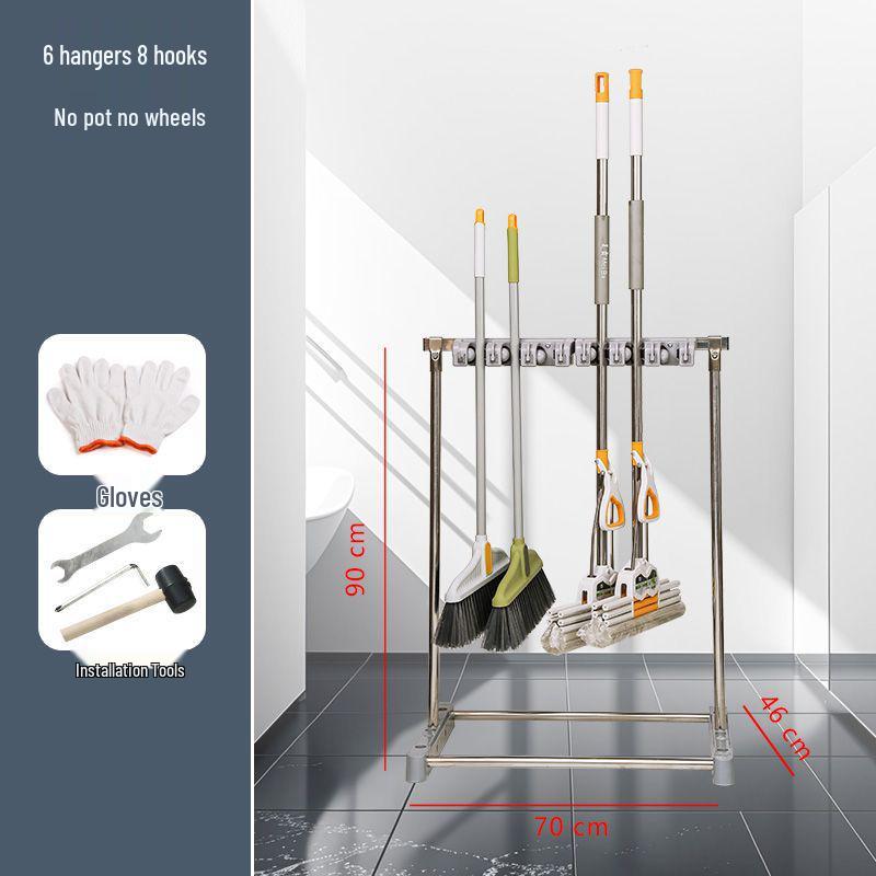 Movable Stainless Steel Mop Storage Rack with Hooks for Floor-Standing Draining in Schools and Factories