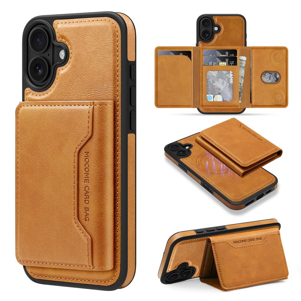 For iPhone 16 Plus Magnetic Case Leather Back Phone Cover with Detachable Card Bag
