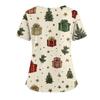 Women's Christmas Print V-Neck Double Pocket Short Sleeves Hem Slit Uniform And Caregiver Top