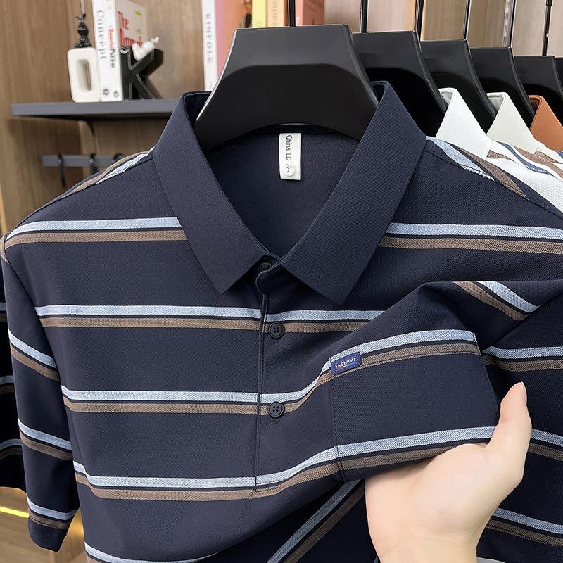 Summer Men s Fashion Short Sleeve Stripedt Casual Lapel Collar Polo Top M