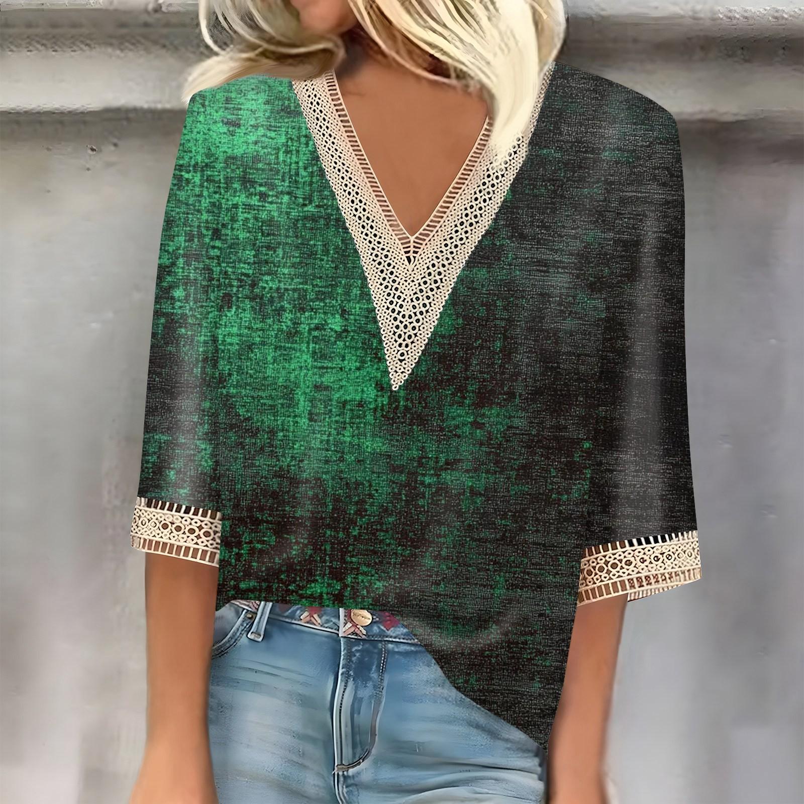 Women s Seven-quarter Sleeve Lace Tie- Printed Top M