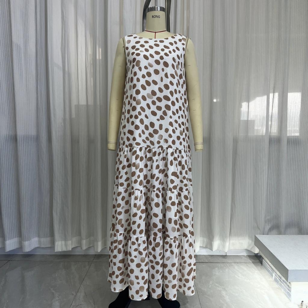 French Retro Polka Dot Sleeveless Chiffon Long Dress Round Neck Loose Pendulum Beach Vacation Cake Dress Summer