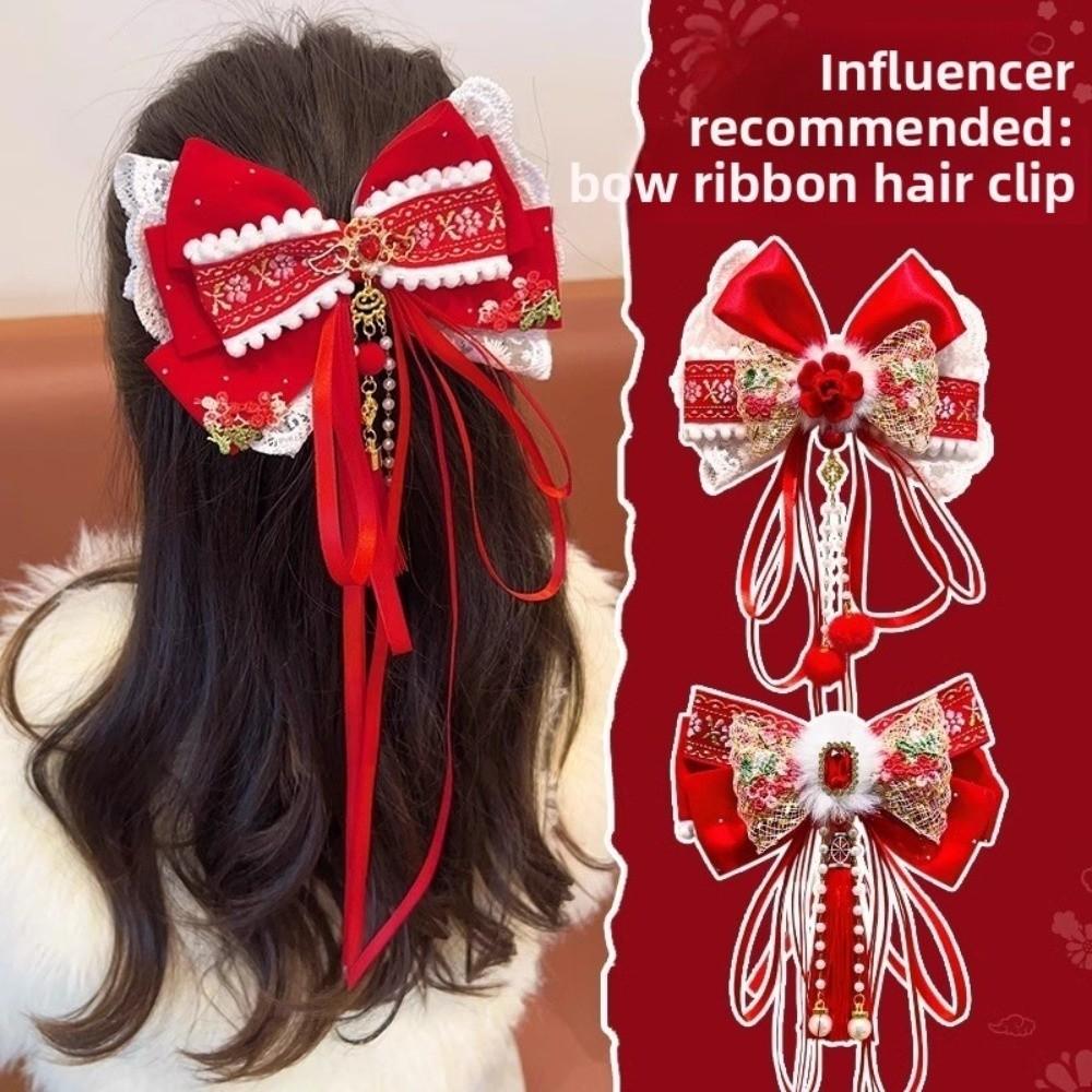 Red Bow Ribbon Hair Clip Tassel Hanfu Hair Ornamen Cute New Year Hairpin  Festival