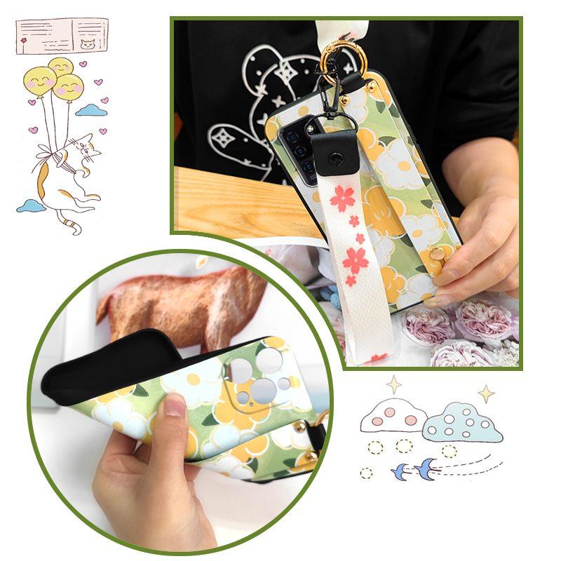 Waterproof Durable Phone Case For Oukitel C21 Wristband Wrist Strap Shockproof Silicone Kickstand Protective Ring Flower