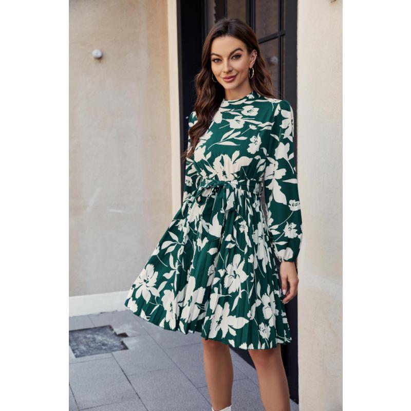 Women's Floral Print Long Sleeve Mini Dress Mock Neck Tie Waist Pleated A-Line Casual Dress for Daily Office Party