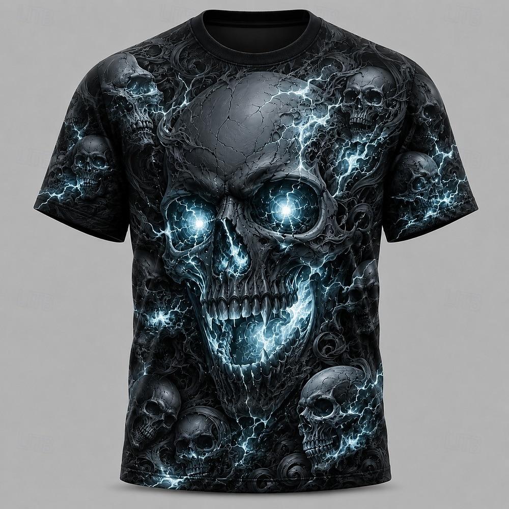 T-shirt da uomo con stampa teschio fiamma luminosa, stampa 3D completa, manica corta, girocollo, abbigliamento casual da strada, top estivo