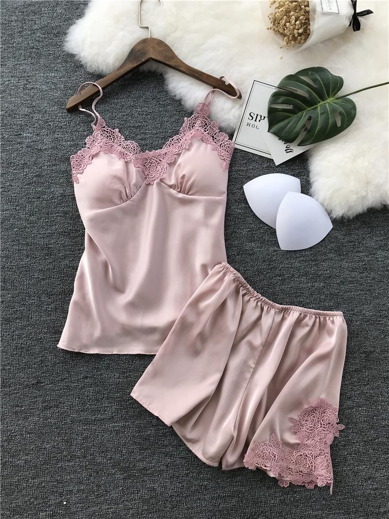 European & American Lace Trim Camisole and Shorts Two-Piece Set Large