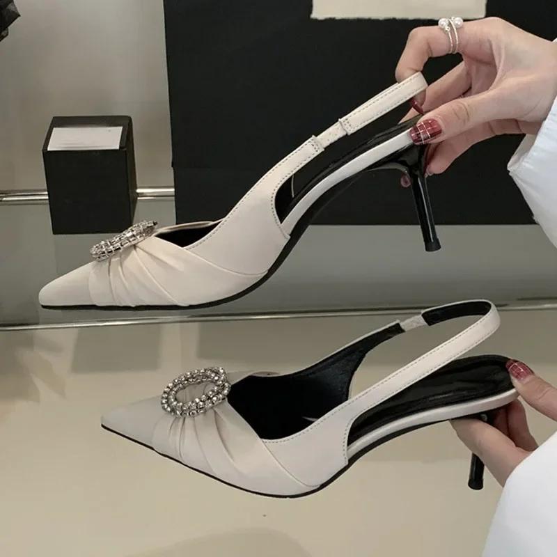 Fashion Luxury Design Rhinestone Buckle Women Pumps Cozy Silk Pointed Toe Party Prom Shoes Slingback High Heels Mules Heeled Sandals