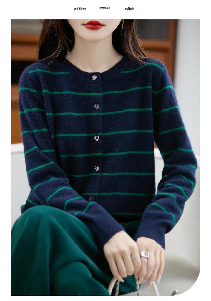 2025 Autumn/Winter Women's Pure Wool Striped Knit Cardigan: Round Neck, Loose Fit, Cashmere Long Sleeve Versatile Outerwear.