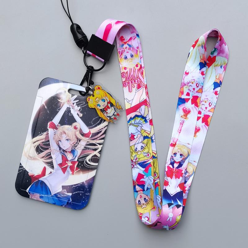 Cartoon Sailor Moon Kawaii PVC Card Cover Student Campus Hanging Neck Bag Card Holder Lanyard ID Card Holders Key Chain