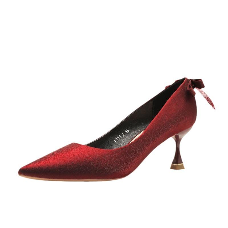Temperament high-heeled women's single shoes fashion new autumn and winter bow burgundy wedding banquet versatile black women