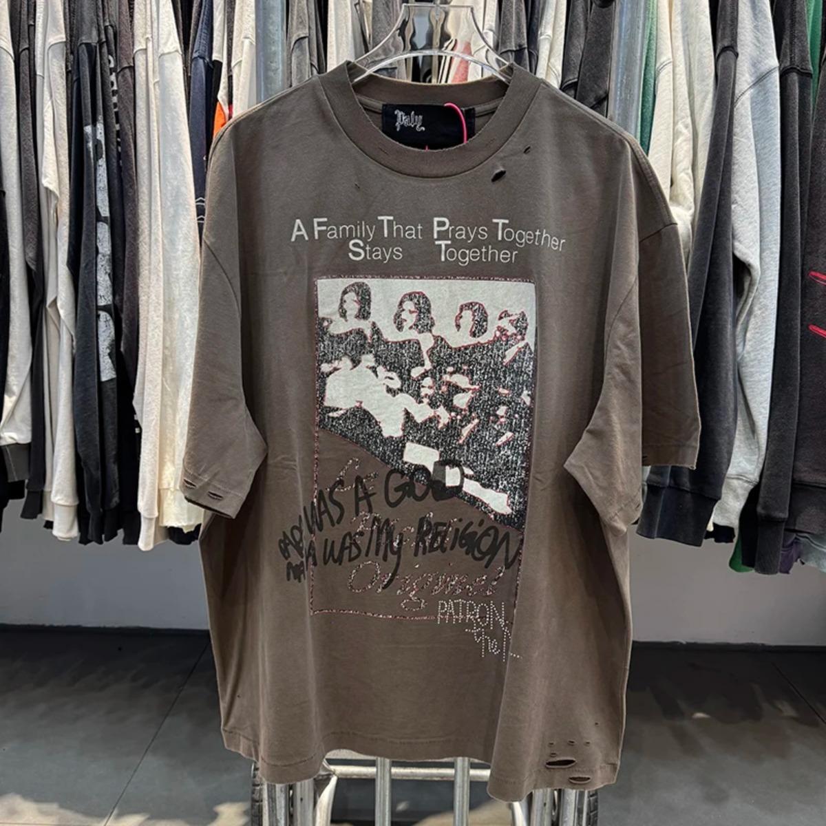

STREETRICH Vintage Trend Cartoon Print Crystal Letter PALY Brown Oversized T Shirt S