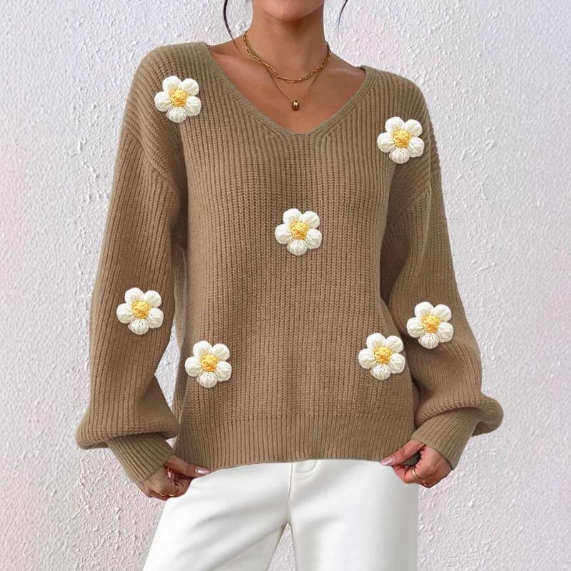 Autumn Winter Women's Pullover Top Hand-crocheted Three-dimensional Stitching Personalized Deep Sweater
