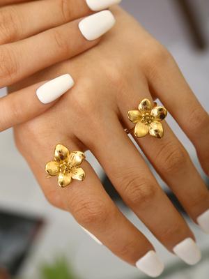 Simple Temperament Senior Sense Of Light Luxury Retro Style Stainless Steel Plated 18K Gold Flowers Ring Women'S Zircon