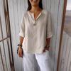 Neue Sommeroberteile, einfarbig, locker, V-Ausschnitt, Freizeithemden für Damen, Baumwolle und Leinen, sieben Viertelärmel, Übergröße, Blusen für Damen, elegantes, schlankes Pulloverhemd 26456