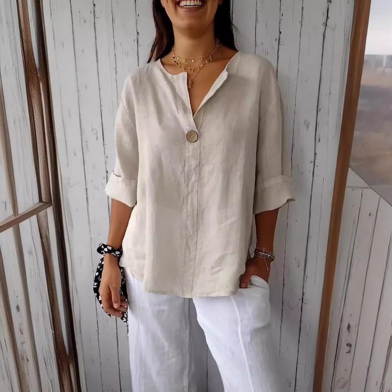 Neue Sommeroberteile, einfarbig, locker, V-Ausschnitt, Freizeithemden für Damen, Baumwolle und Leinen, sieben Viertelärmel, Übergröße, Blusen für Damen, elegantes, schlankes Pulloverhemd 26456