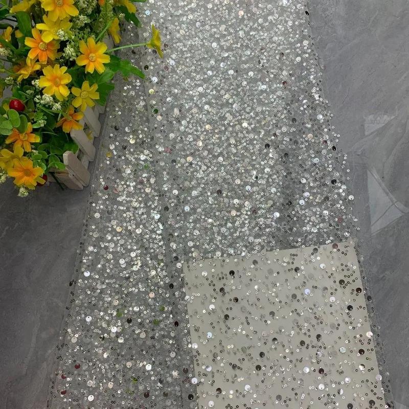 Luxury 3D Sequined Beaded Mesh Embroidered Lace Fabric Handmade Wedding Dress DIY Accessories Width 130cm 1Meter