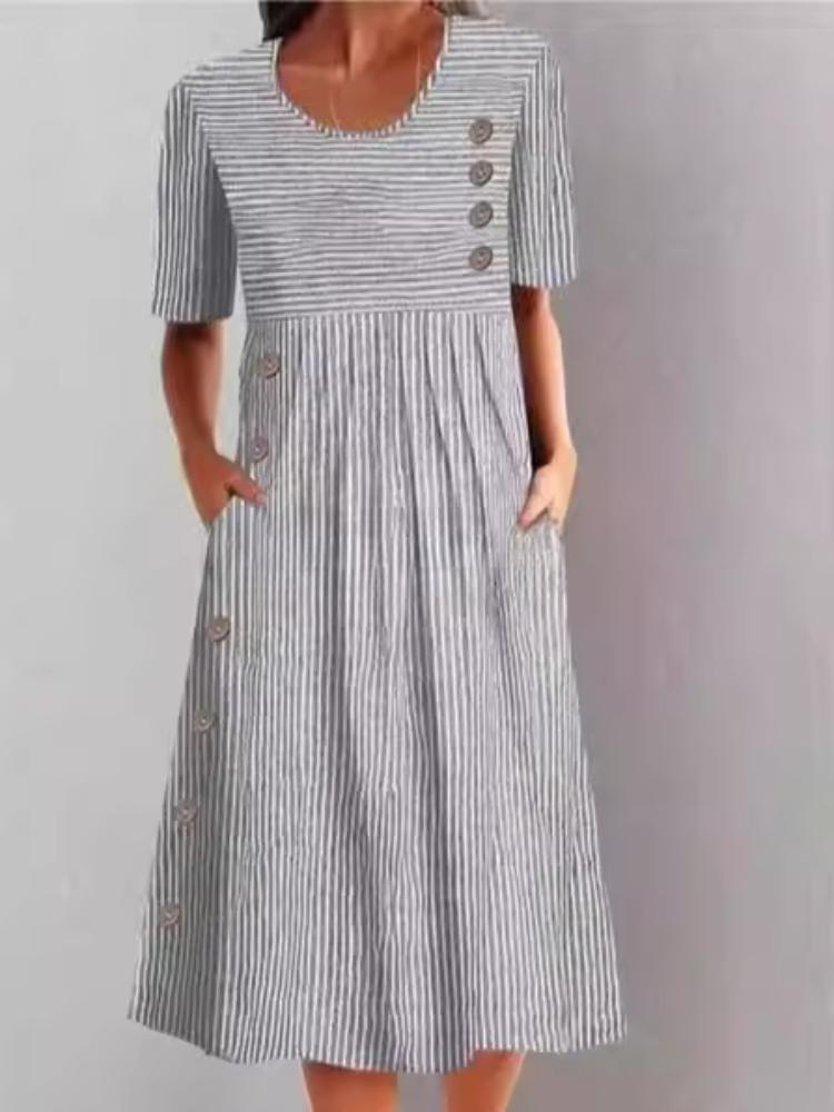 

Жіноча смугаста сукня з коротким рукавом з деталями на ґудзиках, повсякденна сукня вільного крою з круглим вирізом на літо XXL сірий колір