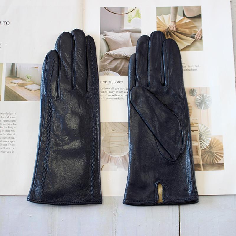 Vinter Varm Farge Lærhansker Dame Saueskinn Fløyelsfôr Mote Stripete Stil Vindtette Kjørehansker