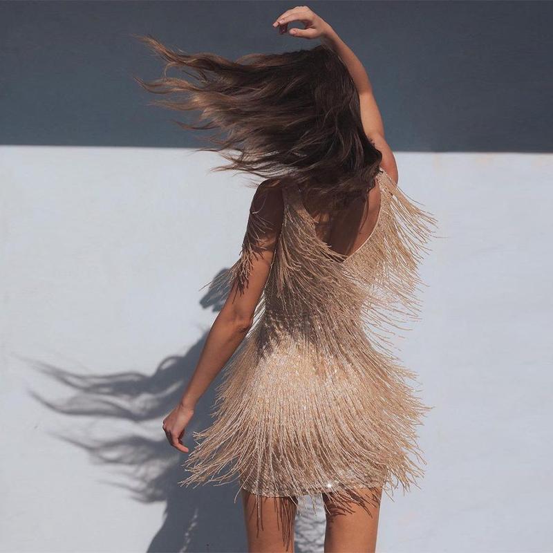 Fashion Shiny Sequin Tassel Women's Dresse Sexy V-neck SleevelessTight Fitting Dresses Women Retro Elegant Glitter Party Beach Dress
