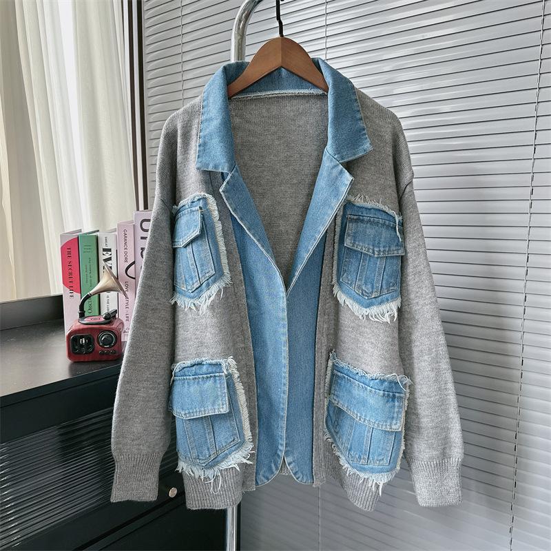 European Style Design, Niche Sweater for Women In Autumn and Winter, New Denim Splicing, Loose and Lazy Style Knitted Cardigan Jacket