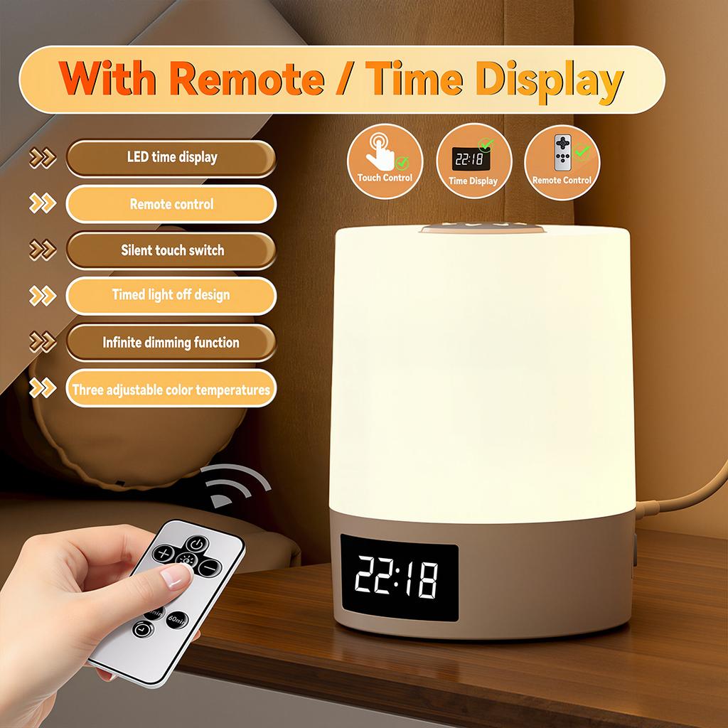Touch Night Light Rechargeable 3 Color Dimmable Bedside Lamp Time Display USB LED Night Lights Ambient Soft Light for Kids Gift