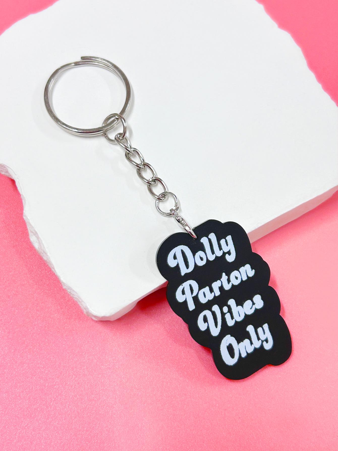 

Pink Dolly Parton Keychain: Black Letter Pendant Fan Charm