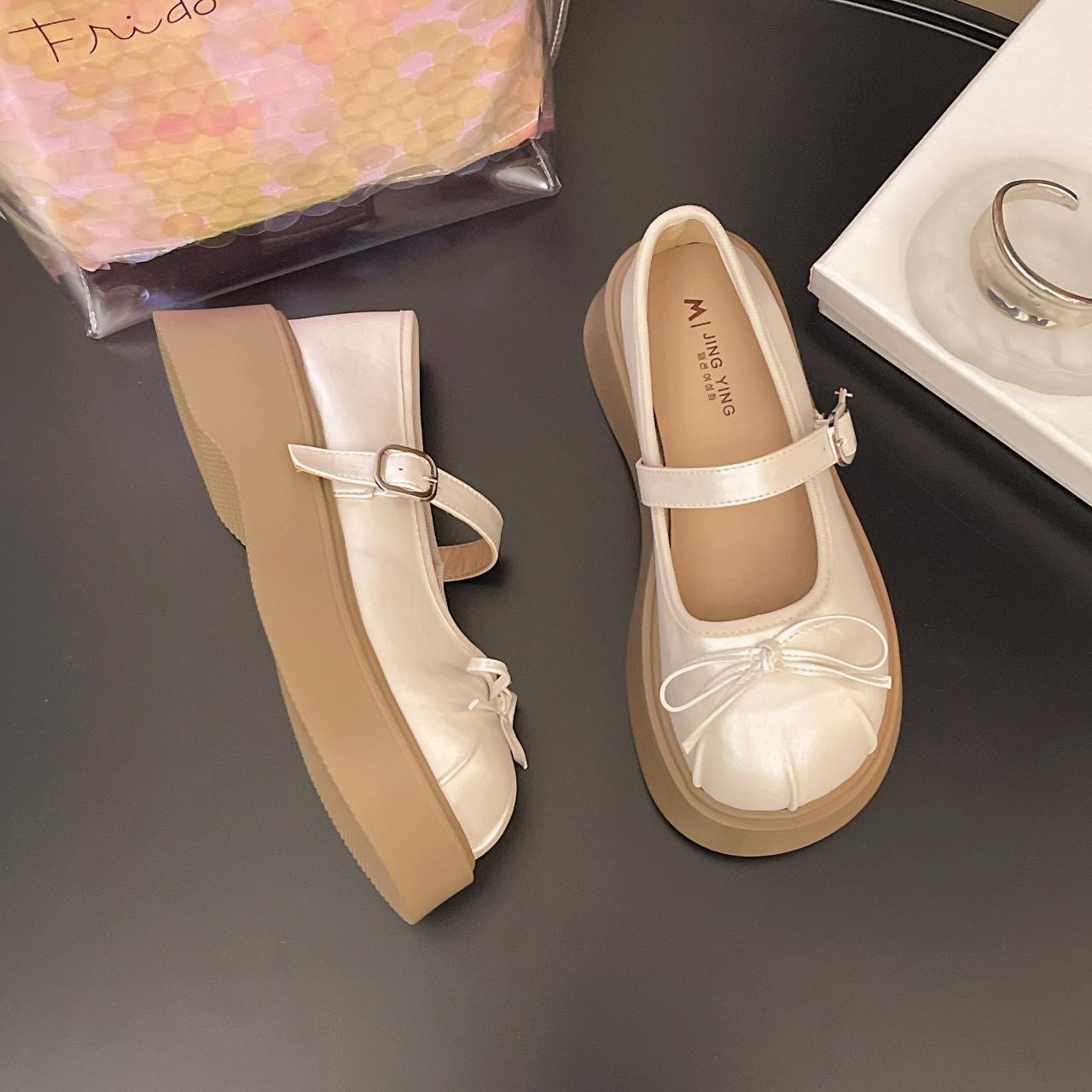 

Bow women Mary Jane single shoes spring and summer new sweet buckle high-end leather shoes heightened and thin women s shoes 39 бежевый