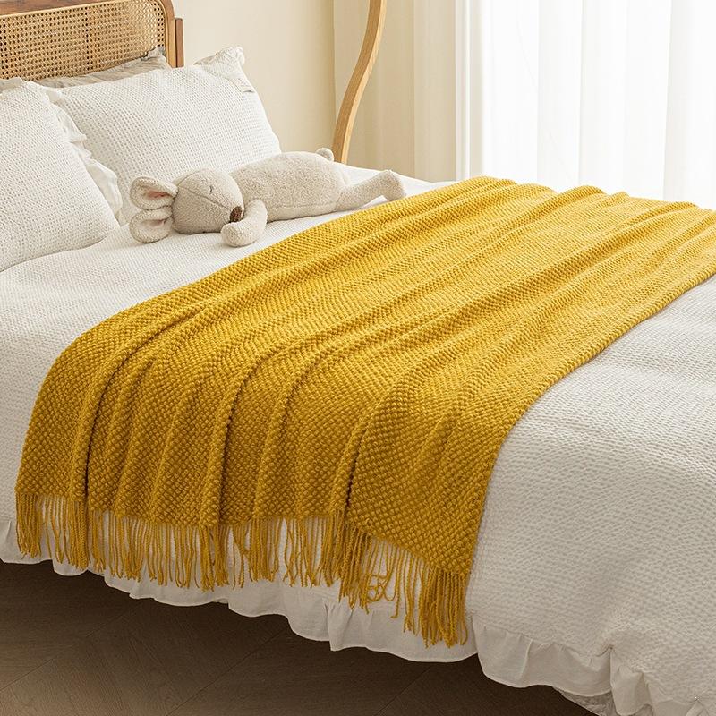 Ins Style Homestay Bed End Towel Thick Thread Woven Air Conditioning Blanket Solid Color Bubbles Camping Sofa Blanket Multi Functional Tassel Bedding