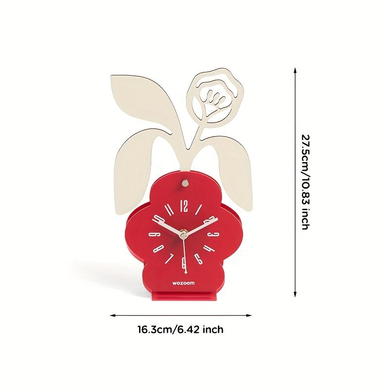 Floral Desktop Clock , Silent Non Ticking Battery Operated, Artificial Wood with Deep Brown Base , White Floral Design, Irregular Shape for Bedroom