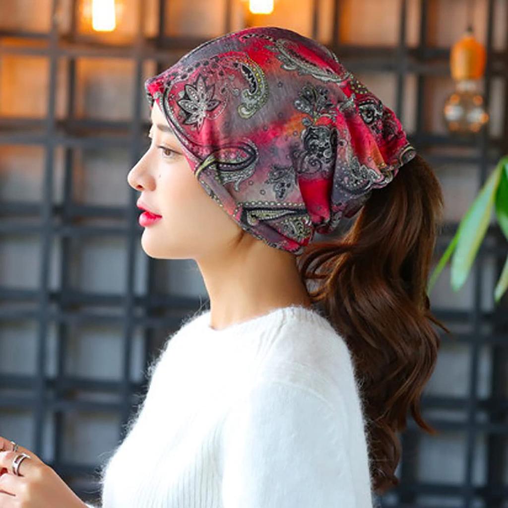 CHROME CRANE Paisley Print Summer Knit Neck Warmer CB064 Women's 3-Way Hat, (01.Red)