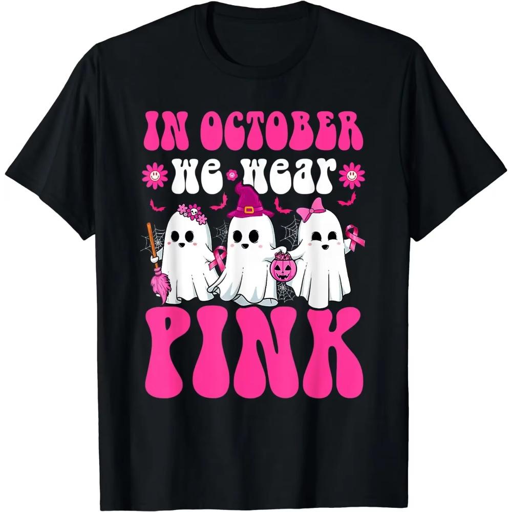 Ghost Wear Pink Breast Cancer Warrior Funny Ghost Halloween T-Shirt for Women Casual  Daily Four Seasons Tees Graphic