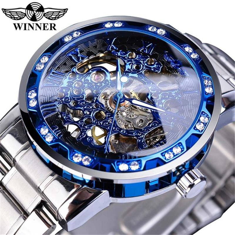 WINNER Watch Men's Fashion Casual Classic Popular Hollow Rhinestone Manual Mechanical Watch S1089-2-W