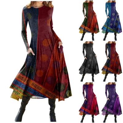 Women's Fashion Casual Printed Round Neck Pullover Slim Fitting Long Sleeve Dress