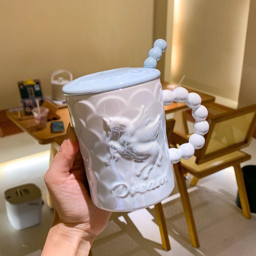 Mug With Lid Spoon Couple High Value Girl Office Water Cup Coffee Cup Relief Ceramic Cup Souvenir