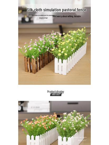 Silk Flower Pot with Wood Fence: Decorative Bonsai for Living Room or Office.