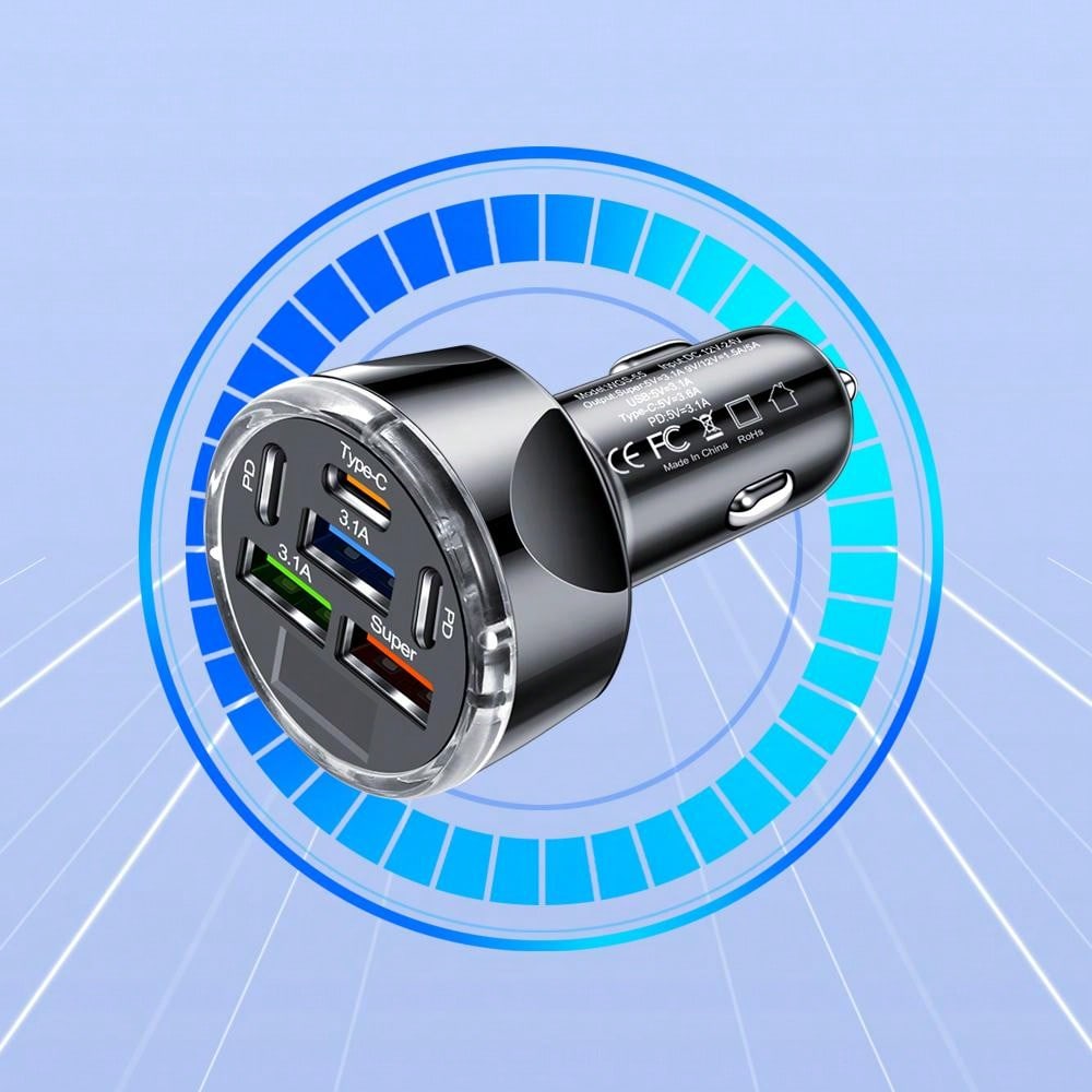 6-in-1 Car Charger with Digital Display, 150W Super Power Multiple Protection Car Adapter with PD and QC3.0 Fast Charging Technology
