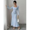 Elegant Sexy Long Sleeved Fishtail Dress Tight Fit Spring Pleated Square Collar Solid Color Party Maxi Long Dresses Evening Spring Bodycon Dress