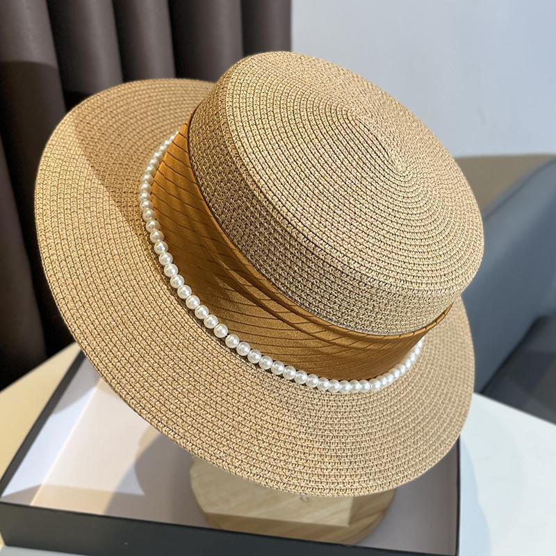 

Новая французская элегантная атласная шляпа-котелок с имитацией жемчуга, женская летняя соломенная шляпа с солнцезащитным кремом и плоским верхом для отдыха на природе, ретро-шляпа для отдыха от солнца 56-58Cm (with adjustment rope inside) хаки